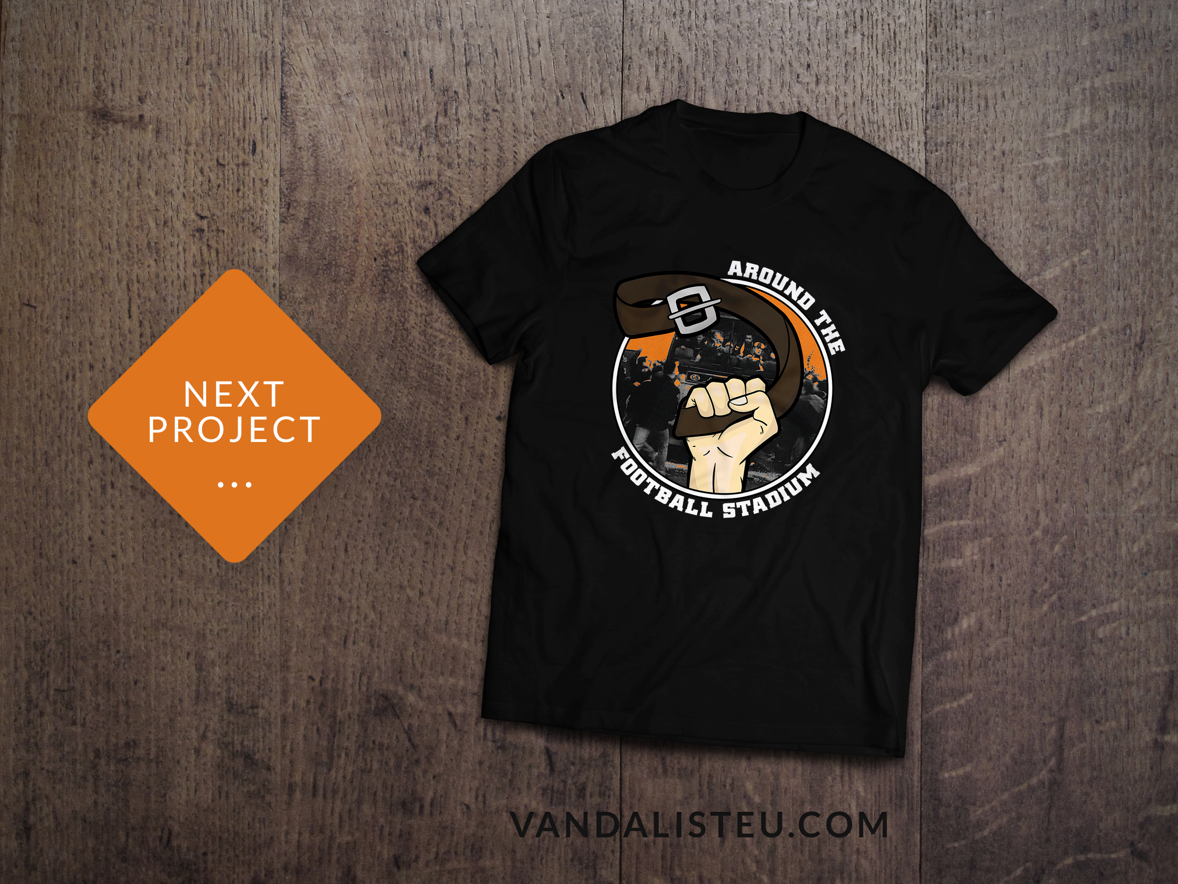 mockup t-shirt, sketch hand with belt, organge bacground with bus and message around the football stadium