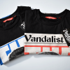 black t-shirt with red print of vinnie jones and inscription the violent player vandalist