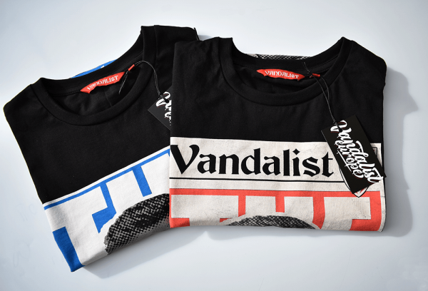 black t-shirt with red print of vinnie jones and inscription the violent player vandalist
