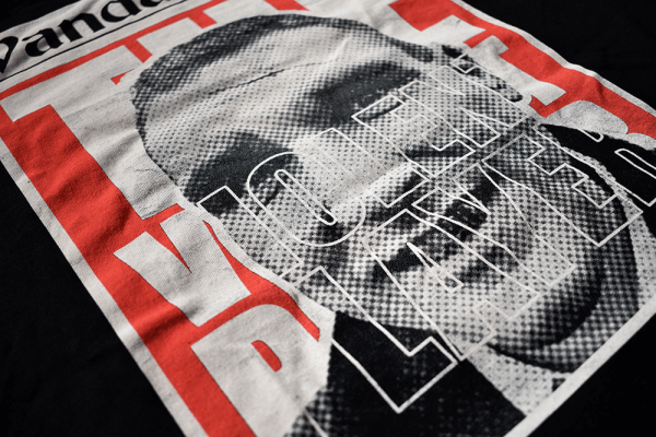 black t-shirt with red print of vinnie jones and inscription the violent player vandalist