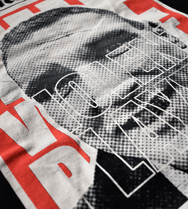 black t-shirt with red print of vinnie jones and inscription the violent player vandalist