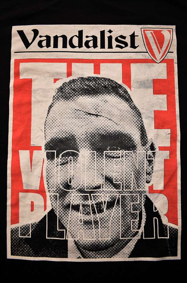 black t-shirt with red print of vinnie jones and inscription the violent player vandalist