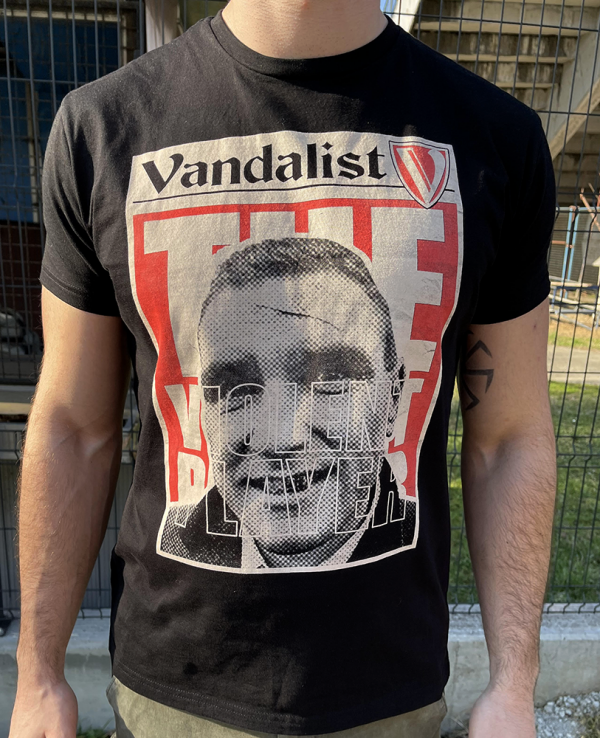 black t-shirt with red print of vinnie jones and inscription the violent player vandalist