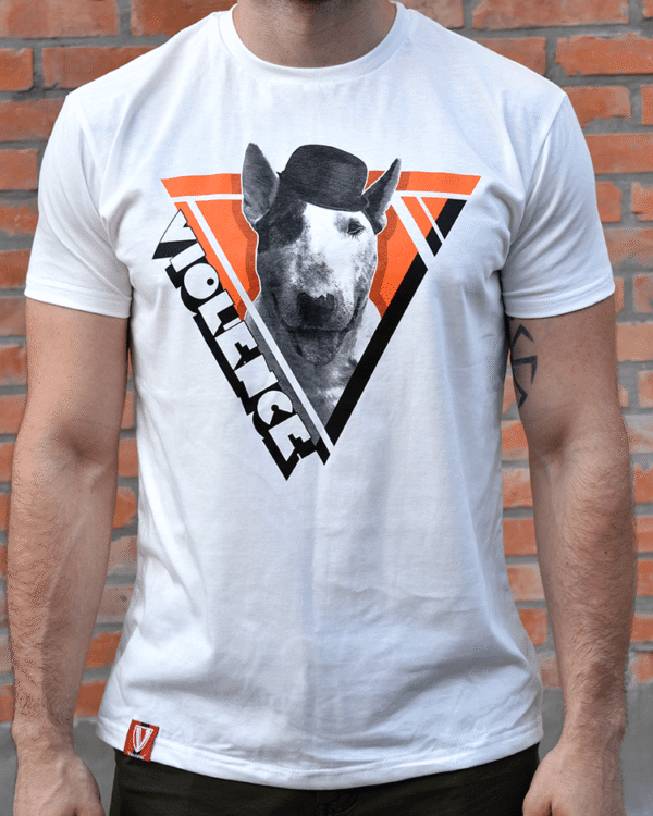 clockwork bull terrier print on white tshirt, clockwork orange