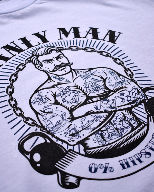 white tshirt with print of man tattoo manly man kettlebells
