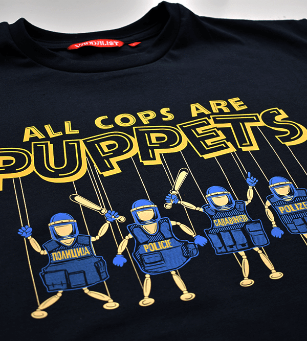 T-shirt with print 4 types of European police officers all cops are puppets