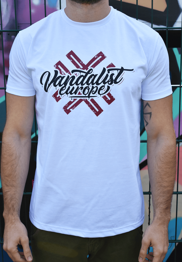white t-shirt vandalist europe, graffiti in background
