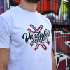 white t-shirt vandalist europe, graffiti in background