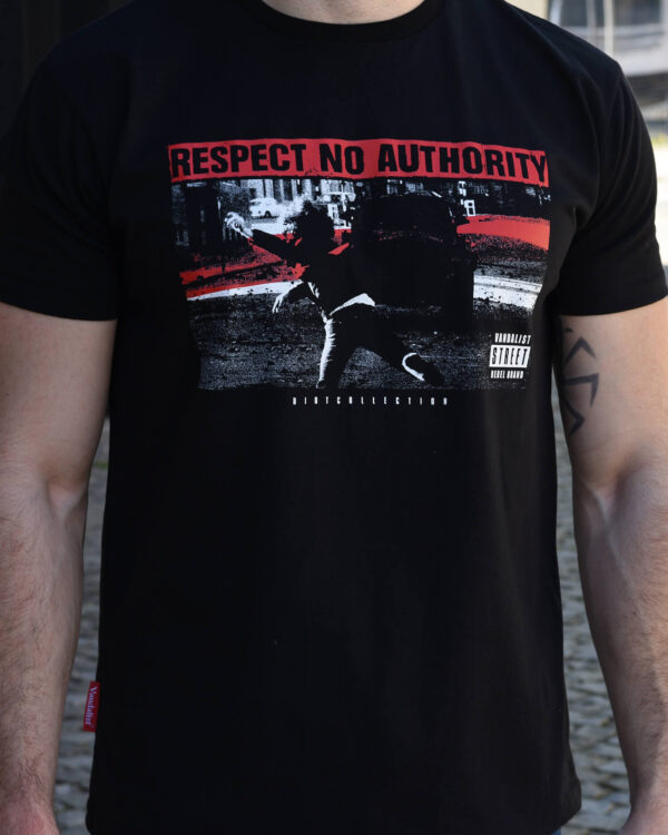 black tshirt with text respect no authority vandalist rebel brand