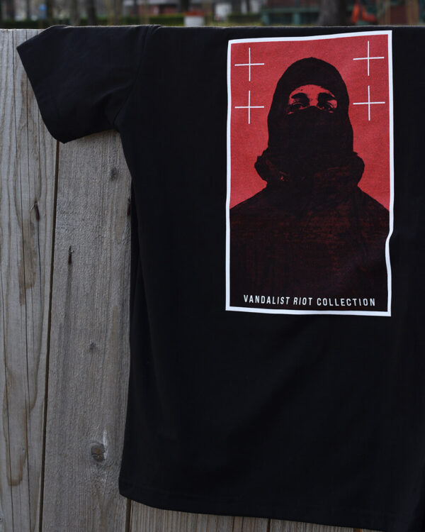 black vandalist t-shirt with print man with ski mask and text vandalist riot collection