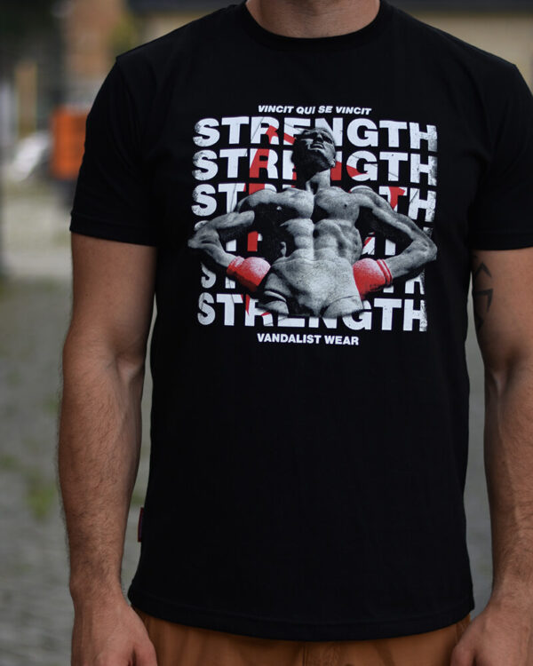 black t-shirt with antique sculpture inscription strength vincit qui se vincit vandalist wear