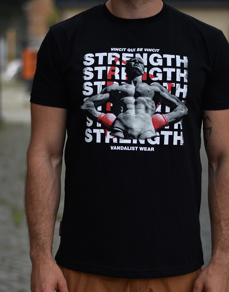 black t-shirt with antique sculpture inscription strength vincit qui se vincit vandalist wear