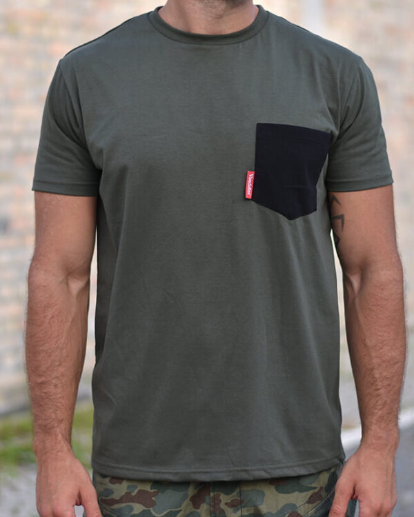 dark green t-shirt with black pocket on the chest
