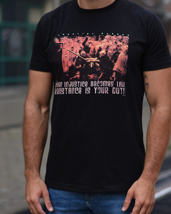 t-shirt with print slogan when injustice becomes law resistance is your duty