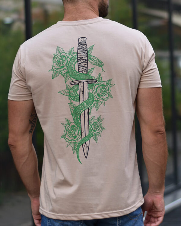 cream t-shirt with design of snake and sword vandalist