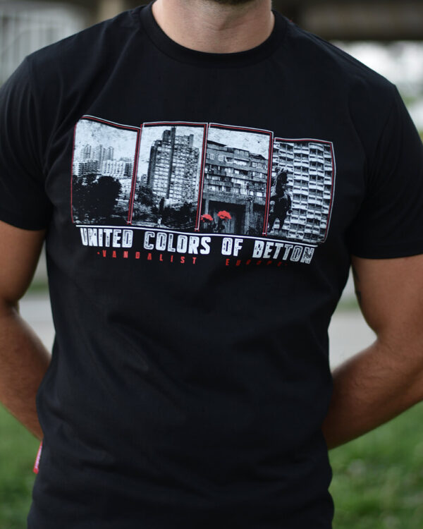 black t-shrit vandalist with socialist style buildings and text united colors of betton
